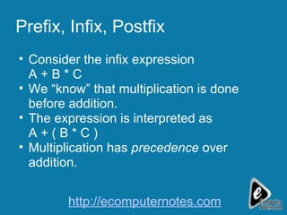 Prefix, Infix, Postfix Consider the infix expression A + B * C We “know” that multiplication is done before addition. The expression is interpreted as  A + ( B * C ) Multiplication has  precedence  over addition. http://ecomputernotes.com 