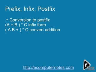 Prefix, Infix, Postfix Conversion to postfix (A + B ) * C infix form ( A B + ) * C convert addition http://ecomputernotes.com 