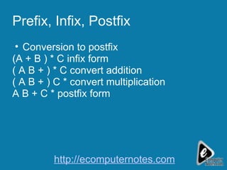 Prefix, Infix, Postfix Conversion to postfix (A + B ) * C infix form ( A B + ) * C convert addition ( A B + ) C * convert multiplication A B + C * postfix form http://ecomputernotes.com 