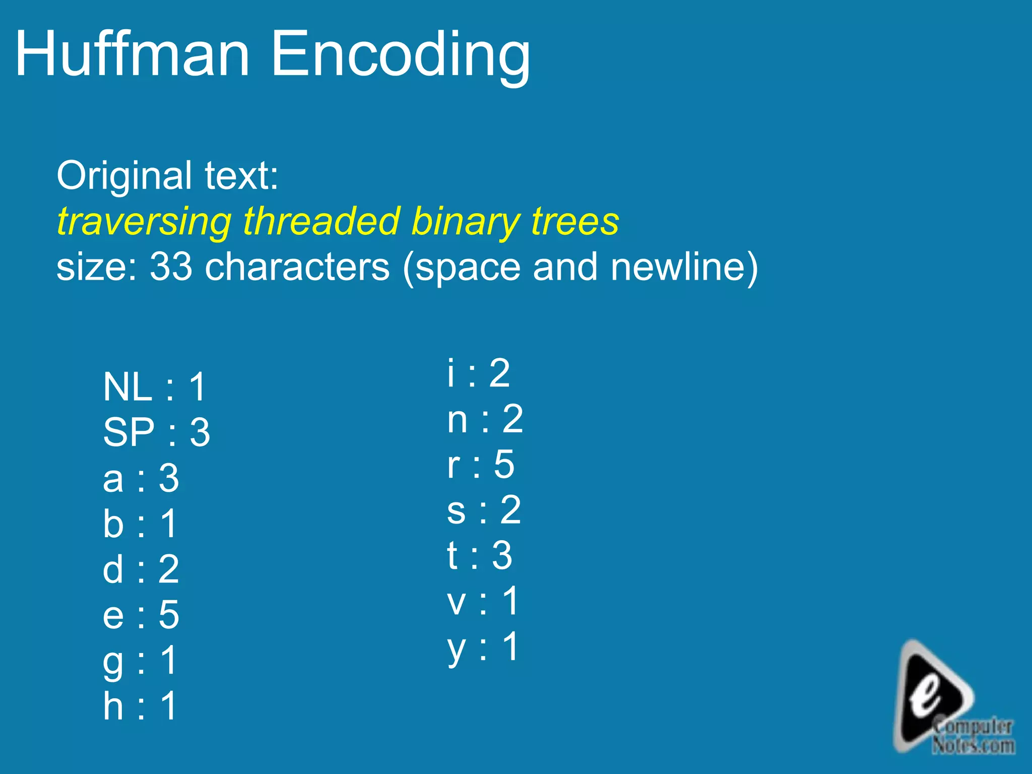 Huffman Encoding Original text:  traversing threaded binary trees size: 33 characters (space and newline) NL : 1 SP : 3 a : 3 b : 1 d : 2 e : 5 g : 1 h : 1 i : 2 n : 2 r : 5 s : 2 t : 3 v : 1 y : 1 
