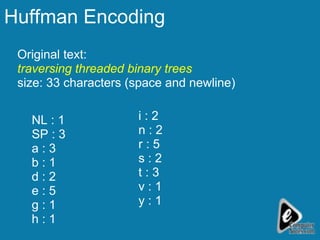 Huffman Encoding Original text:  traversing threaded binary trees size: 33 characters (space and newline) NL : 1 SP : 3 a : 3 b : 1 d : 2 e : 5 g : 1 h : 1 i : 2 n : 2 r : 5 s : 2 t : 3 v : 1 y : 1 
