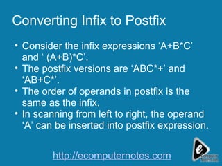 Converting Infix to Postfix Consider the infix expressions ‘A+B*C’ and ‘ (A+B)*C’.  The postfix versions are ‘ABC*+’ and ‘AB+C*’. The order of operands in postfix is the same as the infix. In scanning from left to right, the operand ‘A’ can be inserted into postfix expression. http://ecomputernotes.com 