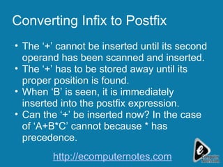 Converting Infix to Postfix The ‘+’ cannot be inserted until its second operand has been scanned and inserted. The ‘+’ has to be stored away until its proper position is found. When ‘B’ is seen, it is immediately inserted into the postfix expression. Can the ‘+’ be inserted now? In the case of ‘A+B*C’ cannot because * has precedence. http://ecomputernotes.com 