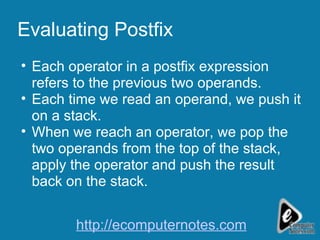 Evaluating Postfix  Each operator in a postfix expression refers to the previous two operands. Each time we read an operand, we push it on a stack. When we reach an operator, we pop the two operands from the top of the stack, apply the operator and push the result back on the stack.  http://ecomputernotes.com 