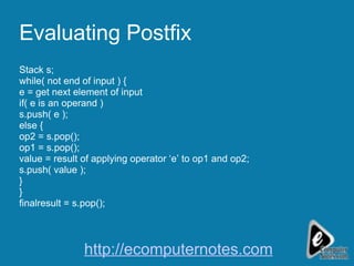 Evaluating Postfix Stack s; while( not end of input ) { e = get next element of input if( e is an operand ) s.push( e ); else { op2 = s.pop(); op1 = s.pop(); value = result of applying operator ‘e’ to op1 and op2; s.push( value ); } } finalresult = s.pop(); http://ecomputernotes.com 