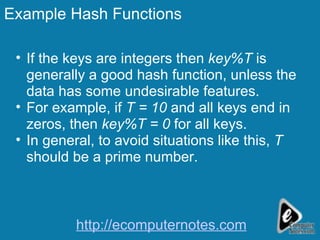 Example Hash Functions If the keys are integers then  key%T  is generally a good hash function, unless the data has some undesirable features. For example, if  T = 10  and all keys end in zeros, then  key%T = 0  for all keys.  In general, to avoid situations like this,  T  should be a prime number. http://ecomputernotes.com 
