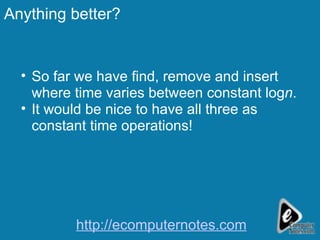 Anything better? So far we have find, remove and insert where time varies between constant log n . It would be nice to have all three as constant time operations! http://ecomputernotes.com 