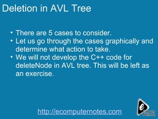 Deletion in AVL Tree There are 5 cases to consider. Let us go through the cases graphically and determine what action to take. We will not develop the C++ code for deleteNode in AVL tree. This will be left as an exercise. http://ecomputernotes.com 