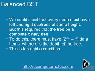 Balanced BST We could insist that every node must have left and right subtrees of same height. But this requires that the tree be a complete binary tree To do this, there must have (2 d+1  – 1 )   data items, where  d  is the depth of the tree. This is too rigid a condition. http://ecomputernotes.com 