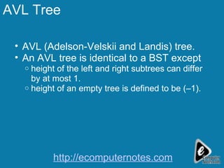 AVL Tree AVL (Adelson-Velskii and Landis) tree. An AVL tree is identical to a BST except  height of the left and right subtrees can differ by at most 1. height of an empty tree is defined to be (–1). http://ecomputernotes.com 