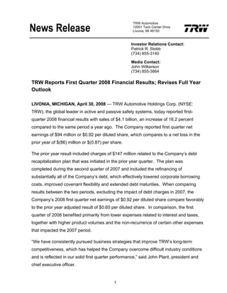 2008 Q1 TRW Auto Earnings Presentation