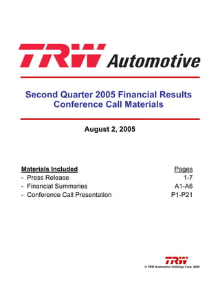 Second Quarter 2005 Financial Results
      Conference Call Materials

                    August 2, 2005




Materials Included                                     Pages
- Press Release                                          1-7
- Financial Summaries                                  A1-A6
- Conference Call Presentation                        P1-P21




                                     © TRW Automotive Holdings Corp. 2005
 