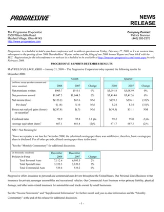 NEWS
                                                                                                                  RELEASE
The Progressive Corporation                                                                                     Company Contact:
6300 Wilson Mills Road                                                                                            Patrick Brennan
Mayfield Village, Ohio 44143                                                                                      (440) 395-2370
http://www.progressive.com


Progressive is scheduled to hold a one-hour conference call to address questions on Friday, February 27, 2009, at 9 a.m. eastern time,
subsequent to the posting of our 2008 Shareholders’ Report online and the filing of our 2008 Annual Report on Form 10-K with the
SEC. Registration for the teleconference or webcast is scheduled to be available at http://investors.progressive.com/events.aspx in early
February 2009.
                                       PROGRESSIVE REPORTS DECEMBER RESULTS

MAYFIELD VILLAGE, OHIO -- January 21, 2009 -- The Progressive Corporation today reported the following results for
December 2008:
                                                           Month                                             Quarter
    (millions, except per share amounts and
                                                  2008        2007         Change                2008            2007        Change
    ratios; unaudited)

    Net premiums written                        $905.7      $910.1           0%              $3,091.8        $3,083.9          0%
    Net premiums earned                        $1,047.5    $1,044.5          0%              $3,414.0        $3,412.6          0%
    Net income (loss)                          $(123.2)       $67.6          NM                $159.3          $236.1         (33)%
                    1
        Per share                                $(.18)        $.10          NM                  $.24            $.34         (31)%
    Pretax net realized gains (losses)         $(247.8)       $(.7)          NM               $(59.3)           $31.1          NM
      on securities2

    Combined ratio                                 98.9        95.8         3.1 pts.             95.2            95.0         .2 pts.
    Average equivalent shares1                    667.1       681.4         (2)%                671.7           687.3         (2)%

    NM = Not Meaningful
    1
     Since we reported a net loss for December 2008, the calculated earnings per share was antidilutive; therefore, basic earnings per
    share is disclosed. For all other periods, diluted earnings per share is disclosed.
    2
     See the “Monthly Commentary” for additional discussion.

    (in thousands; unaudited)                 December    December
    Policies in Force                             2008         2007        Change
           Total Personal Auto                  7,112.6     6,995.3         2%
           Total Special Lines                  3,352.3     3,120.3         7%
           Total Commercial Auto                  539.4       539.2         0%

Progressive offers insurance to personal and commercial auto drivers throughout the United States. Our Personal Lines Business writes
insurance for private passenger automobiles and recreational vehicles. Our Commercial Auto Business writes primary liability, physical
damage, and other auto-related insurance for automobiles and trucks owned by small businesses.

See the “Income Statements” and “Supplemental Information” for further month and year-to-date information and the “Monthly
Commentary” at the end of this release for additional discussion.

                                                                    -1-
 