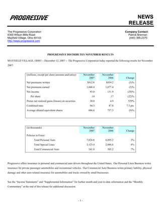 NEWS
                                                                                                                RELEASE
The Progressive Corporation                                                                                  Company Contact:
6300 Wilson Mills Road                                                                                         Patrick Brennan
Mayfield Village, Ohio 44143                                                                                   (440) 395-2370
http://www.progressive.com




                                       PROGRESSIVE DISTRIBUTES NOVEMBER RESULTS

MAYFIELD VILLAGE, OHIO -- December 12, 2007 -- The Progressive Corporation today reported the following results for November
2007:


                  (millions, except per share amounts and ratios)          November     November
                                                                               2007         2006              Change
                  Net premiums written                                       $912.8        $959.2               (5)%
                  Net premiums earned                                        1,048.4       1,077.4              (3)%
                  Net income                                                   93.0         131.9              (29)%
                     Per share                                                   .14            .17            (22)%
                  Pretax net realized gains (losses) on securities             30.8             4.9             529%
                  Combined ratio                                               94.3           87.0            7.3 pts.
                  Average diluted equivalent shares                           686.6         757.3               (9)%




                  (in thousands)                                           November     November
                                                                               2007         2006              Change
                  Policies in Force:
                         Total Personal Auto                                 7,026.8       6,895.2                2%
                         Total Special Lines                                 3,125.4       2,886.6                8%
                         Total Commercial Auto                                541.0         505.2                 7%




Progressive offers insurance to personal and commercial auto drivers throughout the United States. Our Personal Lines Business writes
insurance for private passenger automobiles and recreational vehicles. Our Commercial Auto Business writes primary liability, physical
damage and other auto-related insurance for automobiles and trucks owned by small businesses.


See the “Income Statements” and “Supplemental Information” for further month and year-to-date information and the “Monthly
Commentary” at the end of this release for additional discussion.




                                                                     -1-
 