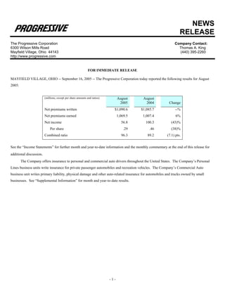 NEWS
                                                                                                                  RELEASE
The Progressive Corporation                                                                                   Company Contact:
6300 Wilson Mills Road                                                                                          Thomas A. King
Mayfield Village, Ohio 44143                                                                                    (440) 395-2260
http://www.progressive.com


                                                              FOR IMMEDIATE RELEASE

MAYFIELD VILLAGE, OHIO -- September 16, 2005 -- The Progressive Corporation today reported the following results for August
2005:


                         (millions, except per share amounts and ratios)         August     August
                                                                                  2005       2004         Change
                         Net premiums written                                $1,090.6      $1,085.7           --%
                         Net premiums earned                                     1,069.5    1,007.4            6%
                         Net income                                                56.8      100.3          (43)%
                             Per share                                               .29        .46         (38)%
                         Combined ratio                                            96.3        89.2      (7.1) pts.


See the “Income Statements” for further month and year-to-date information and the monthly commentary at the end of this release for
additional discussion.
        The Company offers insurance to personal and commercial auto drivers throughout the United States. The Company’s Personal
Lines business units write insurance for private passenger automobiles and recreation vehicles. The Company’s Commercial Auto
business unit writes primary liability, physical damage and other auto-related insurance for automobiles and trucks owned by small
businesses. See “Supplemental Information” for month and year-to-date results.




                                                                           -1-
 