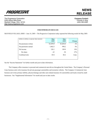 NEWS
                                                                                                                  RELEASE
The Progressive Corporation                                                                                   Company Contact:
6300 Wilson Mills Road                                                                                          Thomas A. King
Mayfield Village, Ohio 44143                                                                                    (440) 395-2260
http://www.progressive.com


                                                           FOR IMMEDIATE RELEASE

MAYFIELD VILLAGE, OHIO -- June 16, 2005 -- The Progressive Corporation today reported the following results for May 2005:


                      (dollars in millions, except per share amounts)           May        May
                                                                                2005       2004           Change
                      Net premiums written                                $1,070.9      $1,054.4               2%
                      Net premiums earned                                     1,062.5     998.2                6%
                      Net income                                               126.1      109.0              16%
                          Per share                                               .63        .50             27%
                      Combined ratio                                            85.8        86.6            .8 pts.



See the “Income Statements” for further month and year-to-date information.

      The Company offers insurance to personal and commercial auto drivers throughout the United States. The Company’s Personal
Lines business units write insurance for private passenger automobiles and recreation vehicles. The Company’s Commercial Auto
business unit writes primary liability, physical damage and other auto-related insurance for automobiles and trucks owned by small
businesses. See “Supplemental Information” for month and year-to-date results.




                                                                        -1-
 