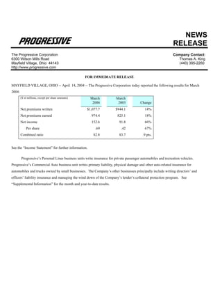 NEWS
                                                                                                                RELEASE
The Progressive Corporation                                                                                     Company Contact:
6300 Wilson Mills Road                                                                                            Thomas A. King
Mayfield Village, Ohio 44143                                                                                       (440) 395-2260
http://www.progressive.com

                                                    FOR IMMEDIATE RELEASE

MAYFIELD VILLAGE, OHIO -- April 14, 2004 -- The Progressive Corporation today reported the following results for March
2004:
        ($ in millions, except per share amounts)      March             March
                                                        2004              2003           Change
        Net premiums written                         $1,077.7           $944.1              14%
        Net premiums earned                             974.4            825.1              18%
        Net income                                      152.6              91.8             66%
            Per share                                     .69               .42             67%
        Combined ratio                                   82.8              83.7            .9 pts.


See the “Income Statement” for further information.

        Progressive’s Personal Lines business units write insurance for private passenger automobiles and recreation vehicles.
Progressive’s Commercial Auto business unit writes primary liability, physical damage and other auto-related insurance for
automobiles and trucks owned by small businesses. The Company’s other businesses principally include writing directors’ and
officers’ liability insurance and managing the wind down of the Company’s lender’s collateral protection program. See
“Supplemental Information” for the month and year-to-date results.
 