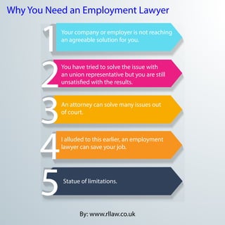 1Your company or employer is not reaching
an agreeable solution for you.
2You have tried to solve the issue with
an union representative but you are still
unsatisfied with the results.
3An attorney can solve many issues out
of court.
4I alluded to this earlier, an employment
lawyer can save your job.
5Statue of limitations.
Why You Need an Employment Lawyer
By: www.rllaw.co.uk
 