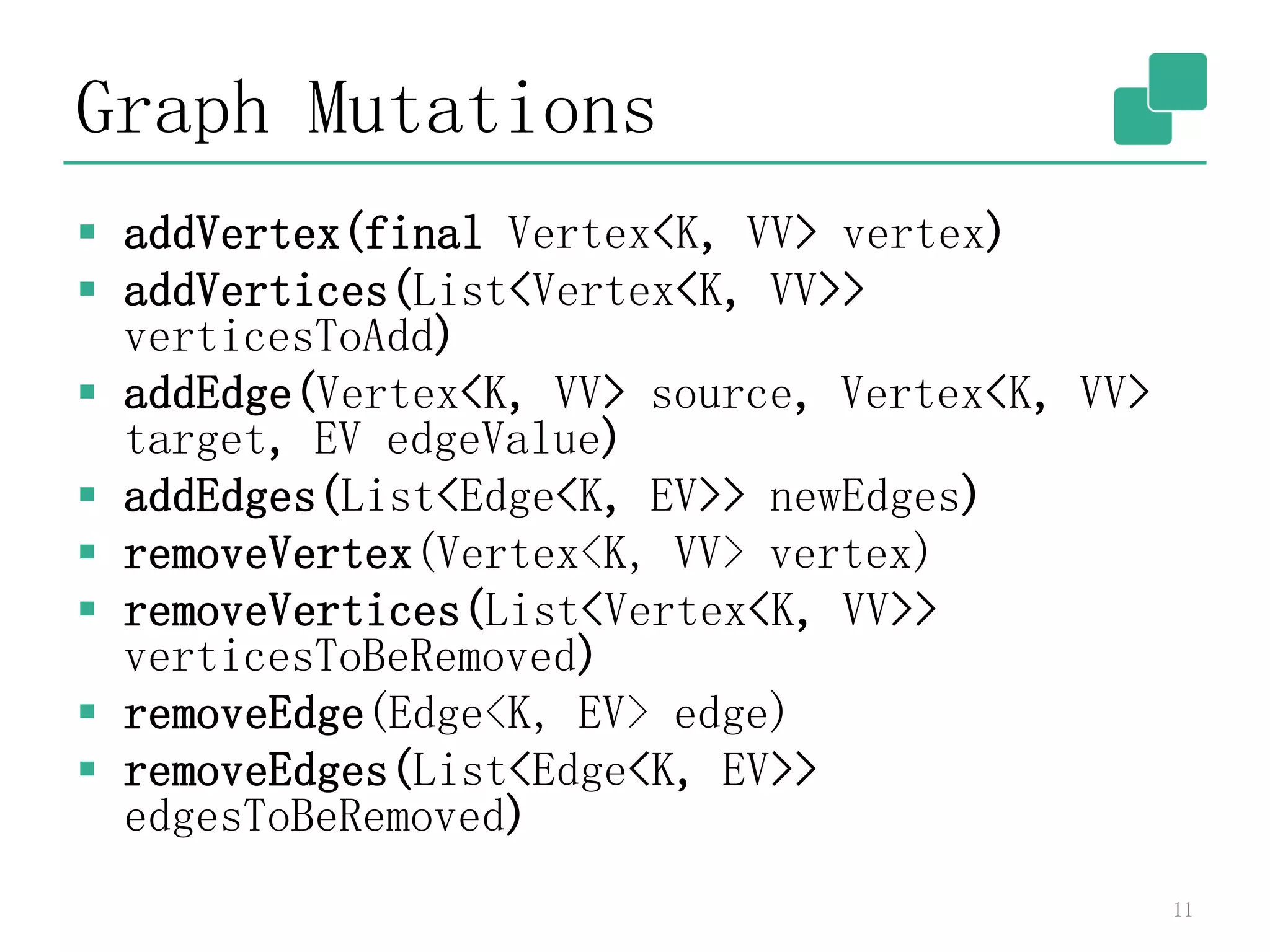 Graph Mutations
 addVertex(final Vertex<K, VV> vertex)
 addVertices(List<Vertex<K, VV>>
verticesToAdd)
 addEdge(Vertex<K, VV> source, Vertex<K, VV>
target, EV edgeValue)
 addEdges(List<Edge<K, EV>> newEdges)
 removeVertex(Vertex<K, VV> vertex)
 removeVertices(List<Vertex<K, VV>>
verticesToBeRemoved)
 removeEdge(Edge<K, EV> edge)
 removeEdges(List<Edge<K, EV>>
edgesToBeRemoved)
11
 