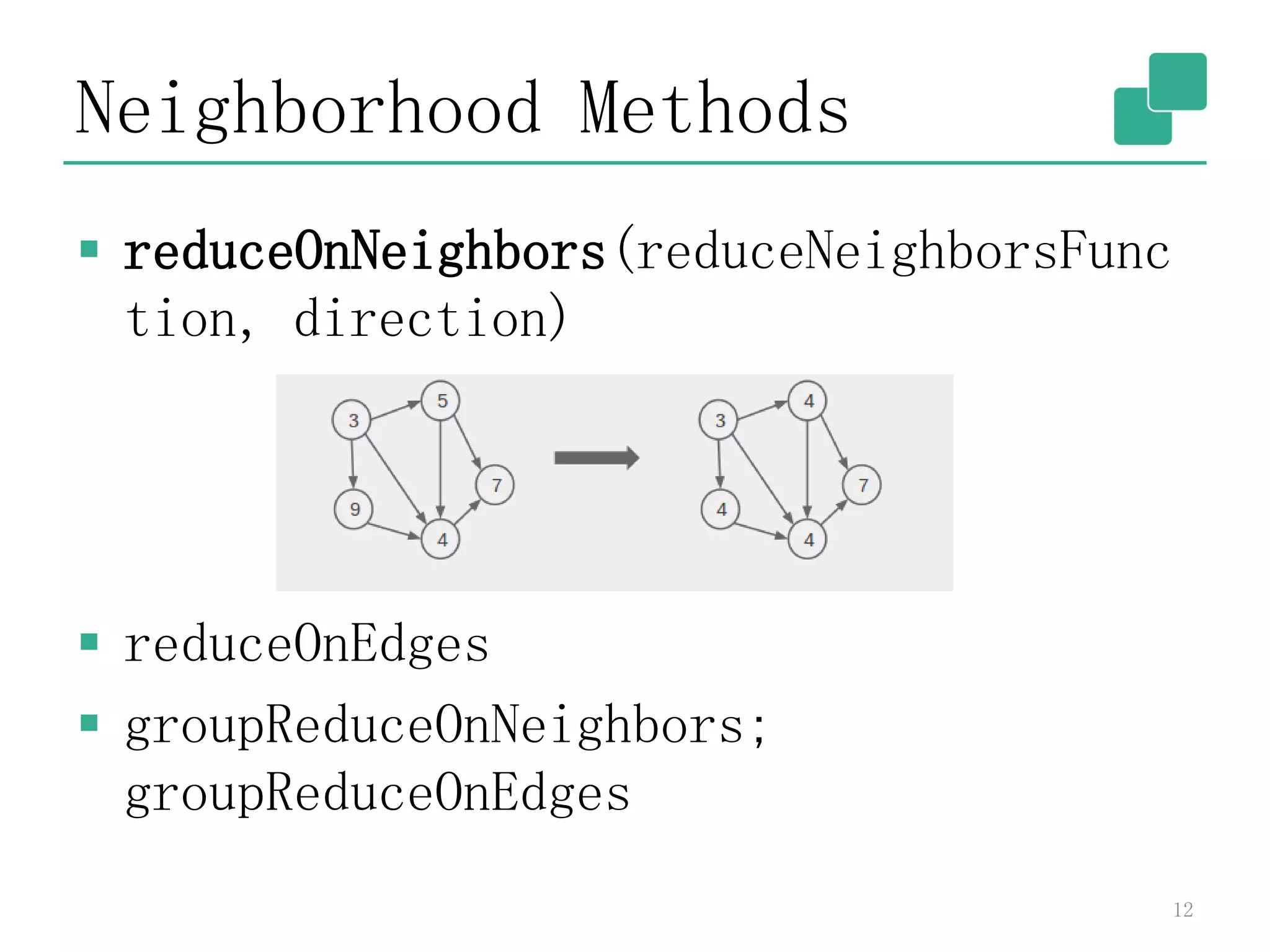 Neighborhood Methods
 reduceOnNeighbors(reduceNeighborsFunc
tion, direction)
 reduceOnEdges
 groupReduceOnNeighbors;
groupReduceOnEdges
12
 