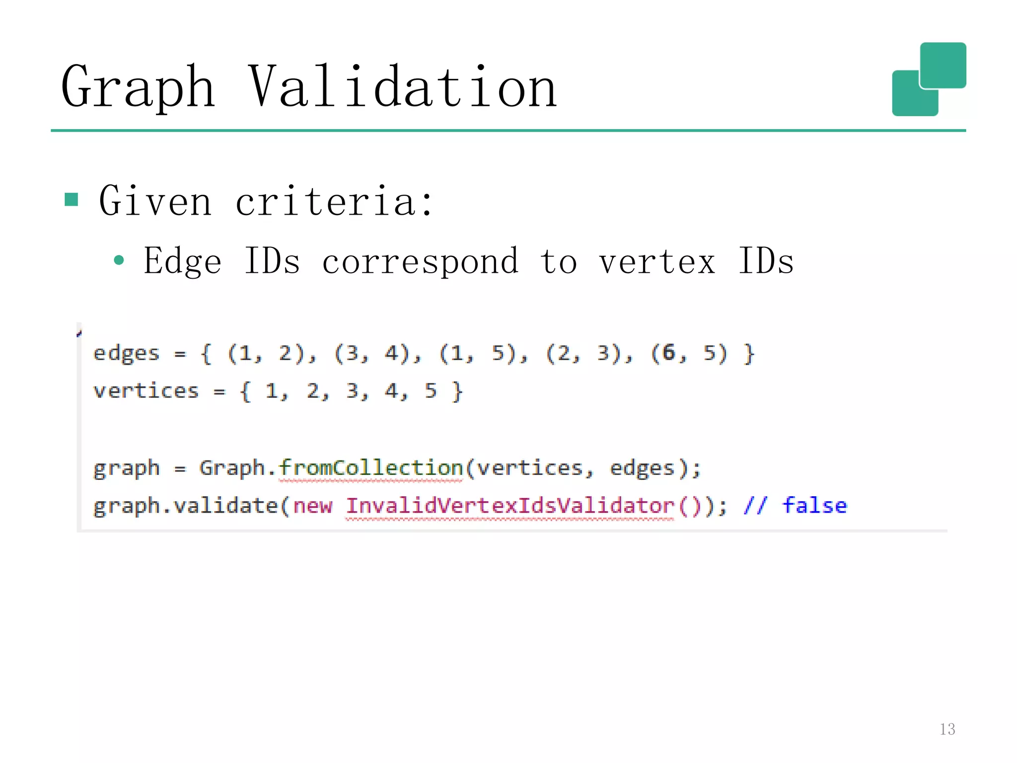 Graph Validation
 Given criteria:
• Edge IDs correspond to vertex IDs
13
 