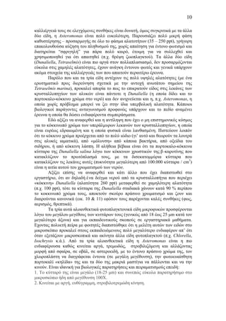 10
καλλιέργειά τους σε ελεγχόµενες συνθήκες είναι δυνατή, όµως συγκριτικά µε τα άλλα
δύο είδη, η Asteromonas είναι πολύ ευκολότερη. Παρουσιάζει πολύ µικρή φάση
καθυστέρησης – προσαρµογής σε όλο το φάσµα αλατοτήτων (35 – 250 ppt), γρήγορη
επακολουθούσα αύξηση του πληθυσµού της, χωρίς απαίτηση για έντονο φωτισµό και
διατηρείται “σφριγηλή” για πάρα πολύ καιρό, έτοιµη για να συλλεχθεί και
χρησιµοποιηθεί για ότι απαιτηθεί (π.χ. θρέψη ζωοπλαγκτού). Τα άλλα δύο είδη
(Dunaliella, Tetraselmis) είναι πιο αργά στον πολλαπλασιασµό, δεν προσαρµόζονται
εύκολα στις χαµηλές αλατότητες, έχουν ανάγκη έντονου φωτός και γενικά υπάρχουν
ακόµα στοιχεία της καλλιέργειάς των που απαιτούν περαιτέρω έρευνα.
Παρόλο που και τα τρία είδη αντέχουν τις πολύ υψηλές αλατότητες (µε ένα
ερωτηµατικό προς διερεύνηση σχετικά µε την αντοχή ανωτάτου σηµείου της
Tetraselmis marina), προκαλεί απορία το πως το επικρατούν είδος στις λεκάνες των
κρυσταλλοπηγίων των αλυκών είναι πάντοτε η Dunaliella (η οποία δίδει και το
πορτοκαλο-κόκκινο χρώµα στο νερό) και δεν ανιχνεύεται και η, π.χ. Asteromonas, η
οποία χωρίς πρόβληµα µπορεί να ζει στην ίδια υπερβολική αλατότητα. Κάποιοι
βιολογικοί παράγοντες ανταγωνισµού προφανώς υπάρχουν και το πεδίο αναµένει
έρευνα η οποία θα δώσει ενδιαφέροντα συµπεράσµατα.
Εδώ αξίζει να αναφερθεί και η αντίληψη που έχει ο µη επιστηµονικός κόσµος
για το κόκκινωπό χρώµα των υπεράλµυρων λεκανών των κρυσταλλοπηγίων, η οποία
είναι ευρέως εδραιωµένη και η οποία φυσικά είναι λανθασµένη. Πιστεύουν λοιπόν
ότι το κόκκινο χρώµα προέρχεται από το πολύ ιώδιο (γι’ αυτό και θεωρούν τα λουτρά
στις αλυκές ιαµατικά), από «µόλυνση» από κάποια βακτήρια, από οξείδια του
σιδήρου, ή από κόκκινη λάσπη. Η αλήθεια βέβαια είναι ότι τα πορτοκαλο-κόκκινα
κύτταρα της Dunaliella salina λόγω των κόκκινων χρωστικών της β-καροτίνης που
κατακλύζουν το πρωτόπλασµά τους, µε τα δισεκατοµµύρια κύτταρα που
κατακλύζουν τις λεκάνες αυτές (πυκνότητα µεγαλύτερη από 100.000 κύτταρα / cm3
)
είναι η αιτία αυτού του χρωµατισµού των νερών.
Αξίζει επίσης να αναφερθεί και κάτι άλλο που έχει διαπιστωθεί στο
εργαστήριο, ότι αν δηλαδή ένα δείγµα νερού από τα κρυσταλλοπήγια που περιέχει
«κόκκινη» Dunaliella (αλατότητα 260 ppt) µεταφερθεί σε χαµηλότερη αλατότητα
(π.χ. 100 ppt), τότε τα κύτταρα της Dunaliella σταδιακά χάνουν κατά 90 % περίπου
το κοκκινωπό χρώµα τους, αποκτούν σκούρο πράσινο χρωµατισµό και ζουν και
διαιρούνται κανονικά (εικ. 10 & 11) εφόσον τους παρέχονται καλές συνθήκες (φως,
αερισµός, θρεπτικά).
Τα τρία αυτά αλοανθεκτικά φυτοπλαγκτονικά είδη µικροφυκών προσφέρονται
λόγω του µεγάλου µεγέθους των κυττάρων τους (γενικώς από 18 έως 25 µm κατά τον
µεγαλύτερο άξονα) και για εκπαιδευτικούς σκοπούς σε εργαστηριακά µαθήµατα.
Εχοντας πολυετή πείρα µε φοιτητές διαπιστώθηκε ότι η µελέτη αυτών των ειδών στο
µικροσκόπιο προκαλεί στους εκπαιδευόµενους πολύ µεγαλύτερο ενδιαφέρον απ’ ότι
όταν εξετάζουν µικροσκοπικά και ακίνητα άλλα είδη φυτοπλαγκτού (π.χ. Chlorella,
Isochrysis κ.ά.). Από τα τρία αλοανθεκτικά είδη η Asteromonas είναι η πιο
ενδιαφέρουσα καθώς κινείται αργά, τρεµωδώς, στροβιλιζόµενη και αλλάζοντας
µορφή από σφαίρα, σε οβάλ, σε αστεροειδή, µε το έντονο πράσινο χρώµα της, τον
χλωροπλάστη να διαγράφεται έντονα (σε µεγάλη µεγέθυνση), την φωτοευαίσθητη
πορτοκαλί «κηλίδα» της και τα δύο της µακριά µαστίγια να πάλλονται και να την
κινούν. Είναι ιδανική για βιολογικές παρατηρήσεις και πειραµατισµούς επειδή:
1. Το κύτταρό της είναι µεγάλο (18-25 µm) και συνεπώς εύκολα παρατηρήσιµο στο
µικροσκόπιο ήδη από µεγέθυνση 100Χ.
2. Κινείται µε αργή, ευθύγραµµη, στροβιλοτρεµώδη κίνηση.
 