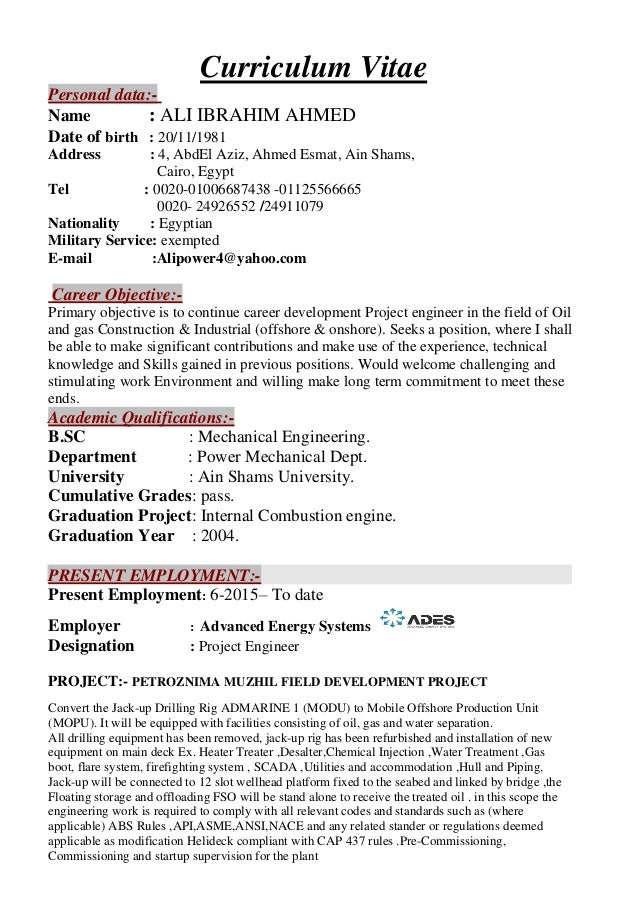 project mechanical engineer c v resume for experienced mechanical engineer
