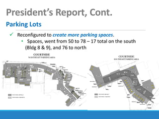 President’s Report, Cont.
Parking Lots
 Reconfigured to create more parking spaces.
• Spaces, went from 50 to 78 – 17 total on the south
(Bldg 8 & 9), and 76 to north
 