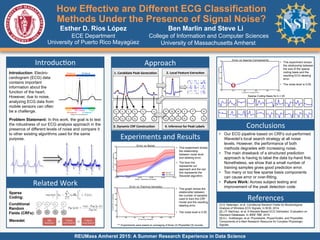 REUMass Amherst 2015: A Summer Research Experience in Data Science
How Effective are Different ECG Classification
Methods Under the Presence of Signal Noise?
Esther D. Ríos López
ECE Department
Introduction: Electro-
cardiogram (ECG) data
contains important
information about the
function of the heart.
However, due to noise,
analyzing ECG data from
mobile sensors can often
be a challenge.
Ben Marlin and Steve Li
College of Information and Computer Sciences
University of Massachusetts AmherstUniversity of Puerto Rico Mayagüez
Introduc)on	
   Approach	
  
Experiments	
  and	
  Results	
  
Conclusions	
  
References	
  
Related	
  Work	
  
Conditional
Random
Fields (CRFs):
•  Our ECG pipeline based on CRFs out-performed
Wavedet’s local search strategy at all noise
levels. However, the performance of both
methods degrades with increasing noise.
•  The main drawback of a structured prediction
approach is having to label the data by-hand first.
Nonetheless, we show that a small number of
training samples gives good prediction error.
•  Too many or too few sparse basis components
can cause error or over-fitting.
•  Future Work: Across subject testing and
improvement of the peak detection code.
[1] A. Natarajan, et al. Conditional Random Fields for Morphological
Analysis of Wireless ECG Signals. In BCB, 2014.
[2] J.P. Martínez, et al. A Wavelet-Based ECG Delineator: Evaluation on
Standard Databases. In IEEE TBE, 2014.
[3] A.L. Goldberger, et al. Physiobank, PhysioToolkit, and PhysioNet:
Components of a New Research Resource for Complex Physiologic
Signals.
Problem Statement: In this work, the goal is to test
the robustness of our ECG analysis approach in the
presence of different levels of noise and compare it
to other existing algorithms used for the same
purpose.
Wavedet:
Sparse
Coding:
QRS	
  
Detec)on	
  
T	
  Wave	
  
Local	
  Search	
  
P	
  Wave	
  
Local	
  Search	
  	
  
Adapted from www.wikipedia.com
2.#Local#Feature#Extrac0on#1.#Candidate#Peak#Genera0on#
Y1
X1
Y2
X2
Y3
X3
Y4
X4
Y5
X5
Y6
X6
3.#Dynamic#CRF#Construc0on#
P
X1
Q
X2
R
X3
S
X4
T
X5
N
X6
4.#Inference#for#Peak#Labels#
1.#Candidate#Peak#Genera0on#
2.#Manual#Peak#Labeling#
P(
Q(
R(
S(
T(
N(
•  This graph shows the
relationship between
the number of samples
used to train the CRF
model and the resulting
labeling error.
•  The noise level is 0.05.
•  This experiment shows
the relationship between
the size of the sparse
coding basis and the
resulting ECG labeling
error.
•  The noise level is 0.05.
	
  Sparse Coding Basis for k = 20
•  This experiment shows
the relationship
between noise level
and labeling error.
•  The blue line
represents our
approach and the red
line represents the
Wavedet algorithm.
*** Experiments were based on averaging of three (3) PhysioNet [3] records.
 