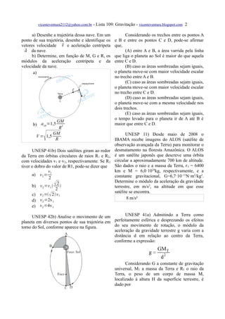 vicenteventura2112@yahoo.com.br   - Lista 109: Gravitação - vicenteventura.blogspot.com 2

      a) Desenhe a trajetória dessa nave. Em um              Considerando os trechos entre os pontos A
ponto de sua trajetória, desenhe e identifique os      e B e entre os pontos C e D, pode-se afirmar
                      v
vetores velocidade  e aceleração centrípeta           que,
 a
  da nave.                                                  (A) entre A e B, a área varrida pela linha
      b) Determine, em função de M, G e R, os          que liga o planeta ao Sol é maior do que aquela
módulos da aceleração centrípeta e da                  entre C e D.
velocidade da nave.                                          (B) caso as áreas sombreadas sejam iguais,
       a)                                              o planeta move-se com maior velocidade escalar
                                                       no trecho entre A e B.
                                                             (C) caso as áreas sombreadas sejam iguais,
                                                       o planeta move-se com maior velocidade escalar
                                                       no trecho entre C e D.
                                                             (D) caso as áreas sombreadas sejam iguais,
                                                       o planeta move-se com a mesma velocidade nos
                                                       dois trechos.
                                                             (E) caso as áreas sombreadas sejam iguais,
                                                       o tempo levado para o planeta ir de A até B é
                 GM
      b) a cp =1,5   2
                                                       maior que entre C e D.
                   R

            
        V = 1,5
                GM
                 R
                                                         UNESP 11) Desde maio de 2008 o
                                                  IBAMA recebe imagens do ALOS (satélite de
                                                  observação avançada da Terra) para monitorar o
      UNESP 41b) Dois satélites giram ao redor desmatamento na floresta Amazônica. O ALOS
da Terra em órbitas circulares de raios R 1 e R2, é um satélite japonês que descreve uma órbita
com velocidades v1 e v2, respectivamente. Se R2 circular a aproximadamente 700 km de altitude.
tiver o dobro do valor de R1, pode-se dizer que   São dados o raio e a massa da Terra, r T = 6400
               v1                                 km e M = 6,0·1024kg, respectivamente, e a
      a) v 2 =                                    constante gravitacional, G=6,7·10−11N·m2/kg2.
               2
                   2                             Determine o módulo da aceleração da gravidade
      b) v 2 =v 1                               terrestre, em m/s2, na altitude em que esse
                    2
                                                  satélite se encontra.
      c) v 2 =  2 v 1
                                                         8 m/s²
      d) v 2 =2v 1
      e) v 2 =4v 1

      UNESP 42b) Analise o movimento de um            UNESP 41a) Admitindo a Terra como
planeta em diversos pontos de sua trajetória em perfeitamente esférica e desprezando os efeitos
torno do Sol, conforme aparece na figura.       do seu movimento de rotação, o módulo da
                                                aceleração da gravidade terrestre g varia com a
                                                distância d em relação ao centro da Terra,
                                                conforme a expressão:



                                                             Considerando G a constante de gravitação
                                                       universal, MT a massa da Terra e RT o raio da
                                                       Terra, o peso de um corpo de massa M,
                                                       localizado à altura H da superfície terrestre, é
                                                       dado por
 