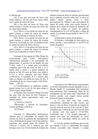 vicenteventura2112@yahoo.com.br   - Lista 109: Gravitação - vicenteventura.blogspot.com 4

se afirmar que                                         estrelas resulta da força de atração gravitacional
       (A) a Lua gira em torno da Terra com            que as galáxias exercem sobre elas. A curva no
órbita elíptica e em um dos focos dessa órbita         gráfico abaixo mostra como a força
está o centro de massa da Terra.                       gravitacional Fg =GMm/r2, que uma galáxia de
       (B) a Lua gira em torno da Terra com            massa M exerce sobre uma estrela externa à
órbita circular e o centro de massa da Terra está      galáxia, deve variar em função da distância r da
no centro dessa órbita.                                estrela em relação ao centro da galáxia,
       (C) a Terra e a Lua giram em torno de um        considerando-se m=1,0×1030kg para a massa da
ponto comum, o centro de massa do sistema              estrela. A constante de gravitação G vale 6,7×10–
Terra-Lua, localizado no interior da Terra.              m kg–1s–2.
                                                       11 3

       (D) a Terra e a Lua giram em torno de um              a) Determine a massa M da galáxia.
ponto comum, o centro de massa do sistema                    b) Calcule a velocidade de uma estrela em
Terra-Lua, localizado no meio da distância entre       órbita circular a uma distância r=1,6x1020m do
os centros de massa da Terra e da Lua.                 centro da galáxia.
       (E) a Terra e a Lua giram em torno de um
ponto comum, o centro de massa do sistema
Terra-Lua, localizado no interior da Lua.

      Unicamp 6) Em agosto de 2006, Plutão foi
reclassificado    pela     União    Astronômica
Internacional, passando a ser considerado um
planeta-anão. A terceira Lei de Kepler diz que
T2=Ka3, onde T é o tempo para um planeta
completar uma volta em torno do Sol, e a é a
média entre a maior e a menor distância do
planeta ao Sol. No caso da Terra, essa média é
aT=1,5 x 1011m, enquanto que para Plutão                      a) M≅1,5x1040kg
aP=60x1011m. A constante K é a mesma para                     b) V=8,0x104m/s
todos os objetos em órbita em torno do Sol. A
velocidade da luz no vácuo é igual a 3,0x108m/s.
Dado:  10≃3,2                                               Unicamp 4) Em 2009 foram comemorados
      a) Considerando-se as distâncias médias,         os 40 anos da primeira missão tripulada à Lua, a
quanto tempo leva a luz do Sol para atingir a          Missão Apollo 11, comandada pelo astronauta
Terra? E para atingir Plutão?                          norte-americano Neil Armstrong. Além de ser
      b) Quantos anos terrestres Plutão leva para      considerado um dos feitos mais importantes da
dar uma volta em torno do Sol? Expresse o              história recente, esta viagem trouxe grande
resultado de forma aproximada como um                  desenvolvimento tecnológico.
número inteiro.                                              a) A Lua tem uma face oculta,
       a) 5,0x102s e 2,0x104s                          erroneamente chamada de lado escuro, que
       Observação: o período de translação             nunca é vista da Terra. O período de rotação da
 correto de Plutão é 248 anos.                         Lua em torno de seu eixo é de cerca de 27 dias.
       b) 256 anos                                     Considere que a órbita da Lua em torno da Terra
                                                       é circular, com raio igual a r=3,8x108m.
      Unicamp 6) Observações astrônomicas              Lembrando que a Lua sempre apresenta a
indicam que as velocidades de rotação das              mesma face para um observador na Terra,
estrelas em torno de galáxias são incompatíveis        calcule a sua velocidade orbital em torno da
com a distribuição de massa visível das galáxias,      Terra.
sugerindo que grande parte da matéria do                     b) Um dos grandes problemas para enviar
Universo é escura, isto é, matéria que não             um foguete à Lua é a quantidade de energia
interage com a luz. O movimento de rotação das         cinética necessária para transpor o campo
 