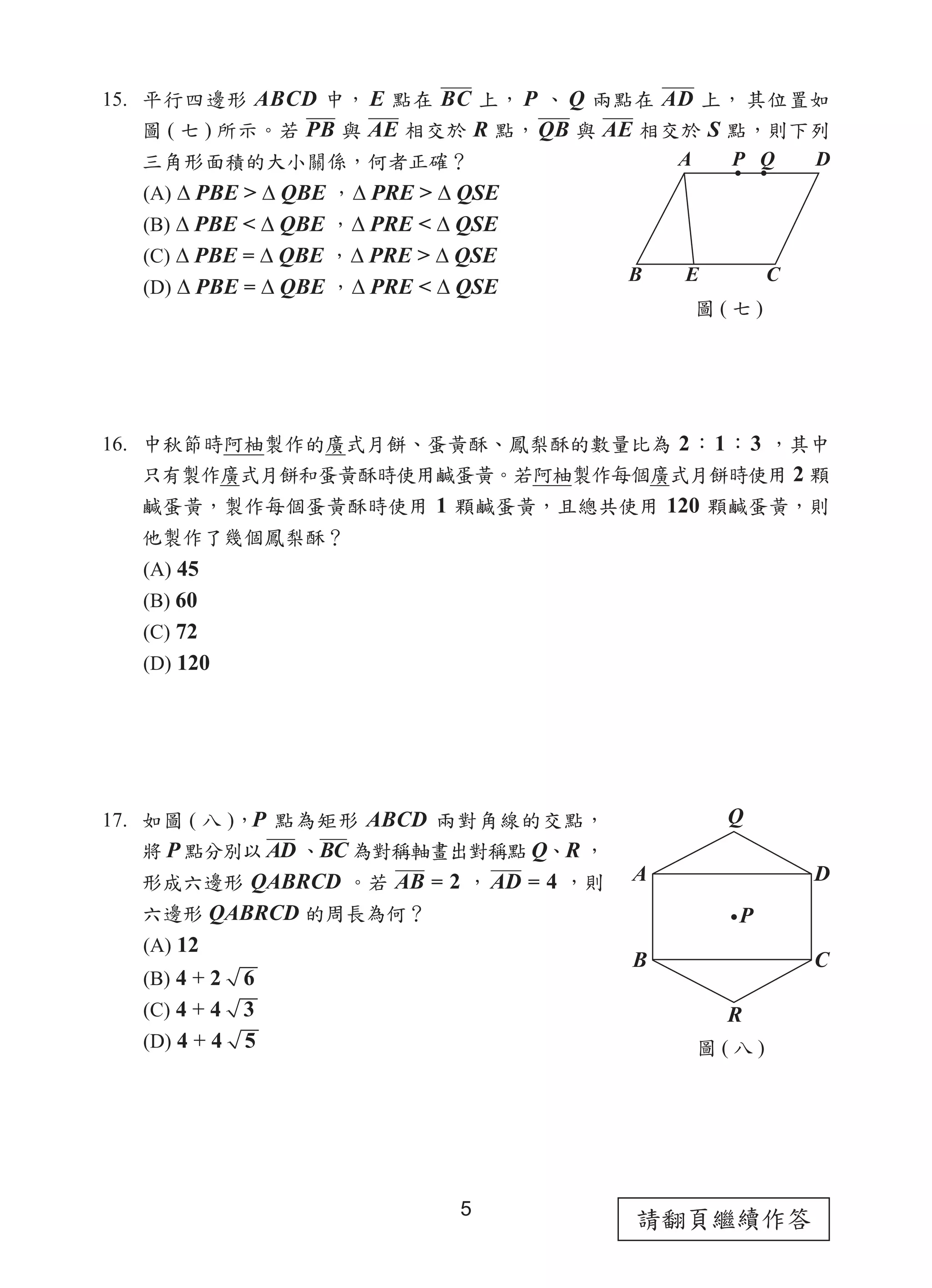 請翻頁繼續作答5
15. 平行四邊形 ABCD 中， E 點在 BC 上， P 、 Q 兩點在 AD 上， 其位置如
圖 ( 七 ) 所示。若 PB 與 AE 相交於 R 點，QB 與 AE 相交於 S 點，則下列
三角形面積的大小關係，何者正確？
(A) ∆ PBE > ∆ QBE ，∆ PRE > ∆ QSE
(B) ∆ PBE < ∆ QBE ，∆ PRE < ∆ QSE
(C) ∆ PBE = ∆ QBE ，∆ PRE > ∆ QSE
(D) ∆ PBE = ∆ QBE ，∆ PRE < ∆ QSE
16. 中秋節時阿柚製作的廣式月餅、蛋黃酥、鳳梨酥的數量比為 2：1：3 ，其中
只有製作廣式月餅和蛋黃酥時使用鹹蛋黃。若阿柚製作每個廣式月餅時使用 2 顆
鹹蛋黃，製作每個蛋黃酥時使用 1 顆鹹蛋黃，且總共使用 120 顆鹹蛋黃，則
他製作了幾個鳳梨酥？
(A) 45
(B) 60
(C) 72
(D) 120
17. 如圖 ( 八 )，P 點為矩形 ABCD 兩對角線的交點，
將 P 點分別以 AD 、BC 為對稱軸畫出對稱點 Q、R ，
形成六邊形 QABRCD 。若 AB = 2 ， AD = 4 ，則
六邊形 QABRCD 的周長為何？
(A) 12
(B) 4 + 2 6
(C) 4 + 4 3
(D) 4 + 4 5
圖 ( 七 )
圖 ( 八 )
 