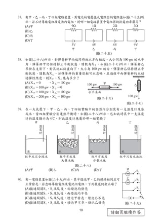 10
請翻頁繼續作答
37. 有甲、乙、丙、丁四組電路裝置，其電池的電壓值及電阻器的電阻值如圖(二十五)所
示。若不計導線電阻及電池內電阻，則哪一組電路裝置中電阻器的耗電功率最高？
(A)甲
(B)乙
(C)丙
(D)丁
38. 如圖(二十六)所示，對彈簧秤甲兩端同時施以方向相反、大小同為 100 gw 的水平
力，彈簧秤甲仍保持靜止平衡狀態，讀數為X甲。如圖(二十七)所示，彈簧秤乙
吊掛在支架下，對其施以鉛直向下、大小為 100 gw 的力，彈簧秤乙保持靜止平
衡狀態，讀數為X乙。若彈簧秤的重量很輕可以忽略，且過程中兩彈簧秤均未超
過彈性限度，則X甲、X乙應為多少？
(A) X甲＝0 ，X乙＝100 gw
(B) X甲＝100 gw，X乙＝0
(C) X甲＝100 gw，X乙＝100 gw
(D) X甲＝200 gw，X乙＝100 gw
39. 在一大氣壓下，甲、乙、丙、丁四組實驗中的容器內分別裝有一支溫度計及冰
或水，當四組實驗分別達熱平衡時，如圖(二十八)所示。已知此時其中一支溫度
計的溫度顯示為 4°
C，則此溫度計應屬於哪一組實驗？
(A)甲 (B)乙 (C)丙 (D)丁
40. 有一電路裝置如圖(二十九)所示，其中燈泡甲、乙的規格相同且可
正常發亮，若忽略導線電阻及電池內電阻，下列敘述何者正確？
(A)接通開關S1、S2及S3後，兩燈泡均發亮
(B)接通開關S2、S3及S4後，兩燈泡均不亮
(C)接通開關S1、S3及S4後，燈泡甲發亮，燈泡乙不亮
(D)接通開關S1、S2及S4後，燈泡甲不亮，燈泡乙發亮
圖(二十五)
圖(二十七)
圖(二十八)
圖(二十九)
圖(二十六)
 