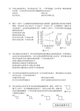 4
請翻頁繼續作答
14. 市面上販售的萘丸，其主要成分為「萘」，可用來驅蟲。已知萘是一種有機烴類
化合物，下列何者所含有的原子種類與萘完全相同？
(A) CO2 (B) C6H6
(C) CH2Cl2 (D) CH3COOC2H5
15. 圖(十一)是甲、乙兩種物質的溶解度與溫度之關係圖。曉明依據此資料進行溶解度
實驗，在各裝有 10 g 水的 X、Y 兩杯中，分別加入甲、乙兩種物質，過程中水
未蒸發減少，且溶液的溫度維持 40°
C，如圖(十二)所示。下列何者最可能是曉明
觀察到的結果？
(A)兩杯都有沉澱
(B)兩杯都無沉澱
(C) X 杯有沉澱，Y 杯無沉澱
(D) X 杯無沉澱，Y 杯有沉澱
16. 某抗菌肥皂添加物質 X，其目的是要破壞細菌的構造以達到殺菌效果，但專家擔心
此產品會加速細菌的演化。若以天擇說解釋專家所擔心的內容，則有關此抗菌
肥皂中的物質X對人體或細菌的影響，下列何者最合理？
(A)使人體產生對細菌的抵抗力
(B)篩選出不被物質 X 破壞的細菌
(C)使細菌分泌物質 X 以增加存活機會
(D)會刺激人體細胞分泌物質 X 以破壞細菌
17. 自花授粉是指植物的花粉黏附在同一朵花的雌蕊柱頭上。關於植物以自花授粉
的方式生殖，下列何者最合理？
(A)屬於有性生殖 (B)不會產生果實
(C)子代不具有繁殖能力 (D)子代與親代的性狀皆完全相同
18. 某生使用放大倍率為 40 倍的解剖顯微鏡觀察某一圖形，視野下如
圖(十三)所示。在不轉動圖形的情況下，若改以目鏡 10X、物鏡 4X
的複式顯微鏡觀察，下列何者最可能是在該倍率的複式顯微鏡視野
下觀察到的圖形？
(A)　　　　　 (B)　　　　　 (C)　　　　　 (D)
圖(十二)
X Y
圖(十一)
圖(十三)
 