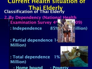 Current Health situation of
Thai Elderly
Classification of Thai Elderly
2. By Dependency (National Health
Examination Survey 4th
2008-2009)
: Independence 8585% (6.99% (6.99 Million)Million)
: Partial dependence 1414% (1.15% (1.15
Million)Million)
: Total dependence 1% (0.08
Million)
 