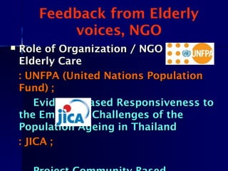 Feedback from Elderly
voices, NGO
 Role of Organization / NGO on ThaiRole of Organization / NGO on Thai
Elderly CareElderly Care
: UNFPA (United Nations Population: UNFPA (United Nations Population
Fund) ;Fund) ;
Evidence-based Responsiveness toEvidence-based Responsiveness to
the Emerging Challenges of thethe Emerging Challenges of the
Population Ageing in ThailandPopulation Ageing in Thailand
: JICA ;: JICA ;
 