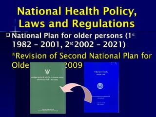  National Plan for older persons (1st
1982 – 20011982 – 2001, 2, 2ndnd
2002 – 2021)2002 – 2021)
**Revision of Second National Plan forRevision of Second National Plan for
Older Person 2009Older Person 2009
National Health Policy,
Laws and Regulations
 