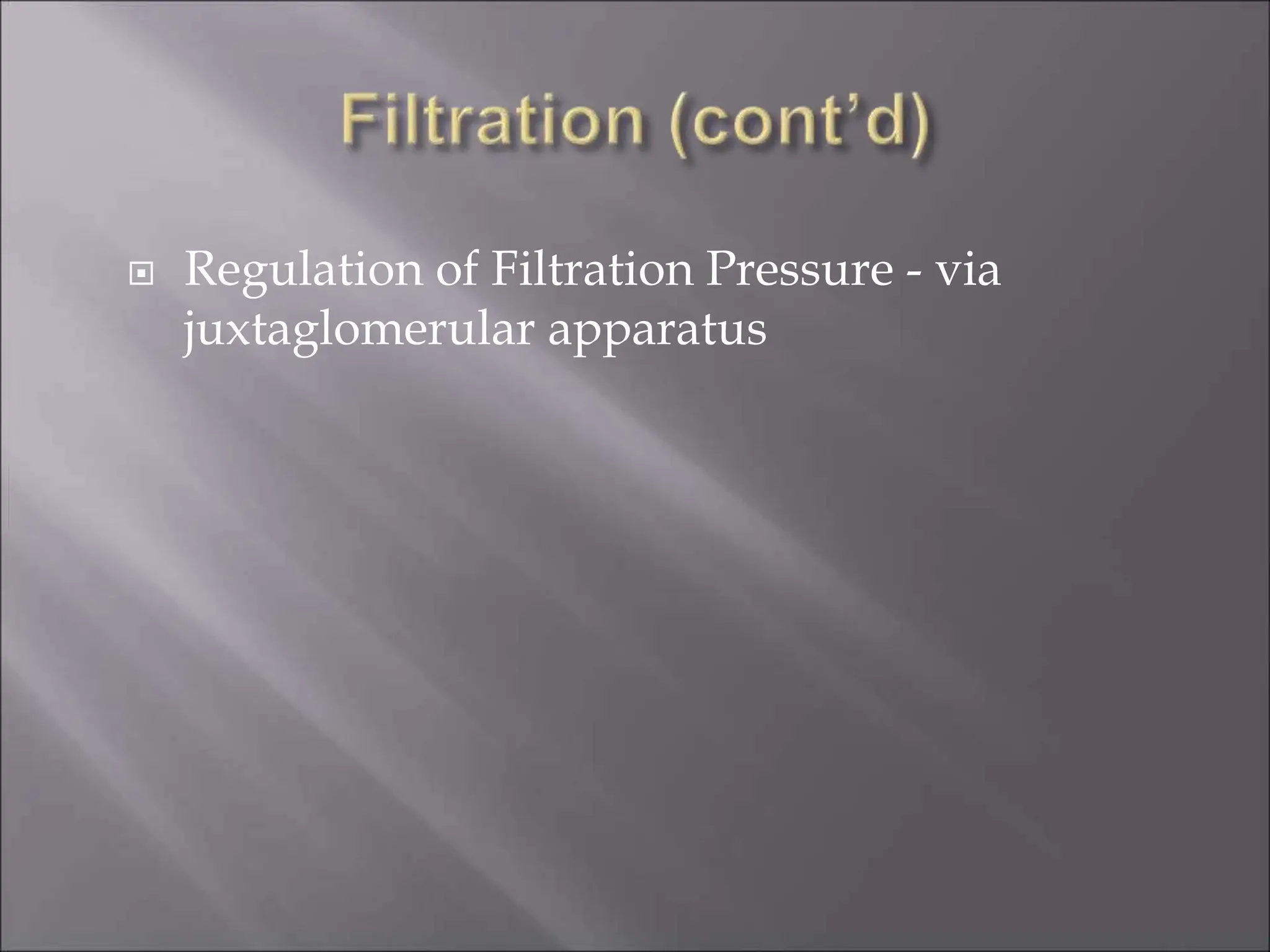  Regulation of Filtration Pressure - via
juxtaglomerular apparatus
 