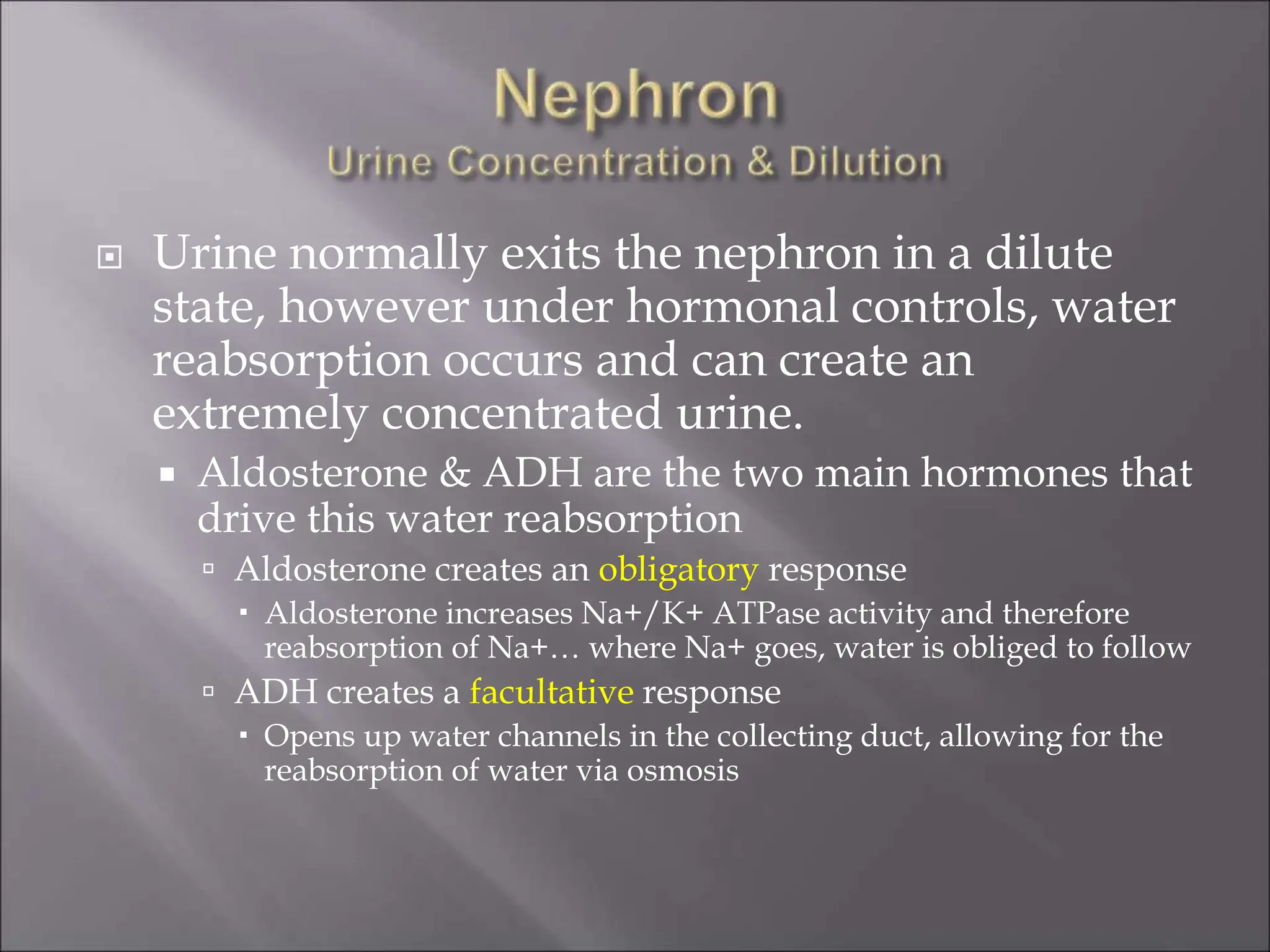  Urine normally exits the nephron in a dilute
state, however under hormonal controls, water
reabsorption occurs and can create an
extremely concentrated urine.
 Aldosterone & ADH are the two main hormones that
drive this water reabsorption
 Aldosterone creates an obligatory response
 Aldosterone increases Na+/K+ ATPase activity and therefore
reabsorption of Na+… where Na+ goes, water is obliged to follow
 ADH creates a facultative response
 Opens up water channels in the collecting duct, allowing for the
reabsorption of water via osmosis
 