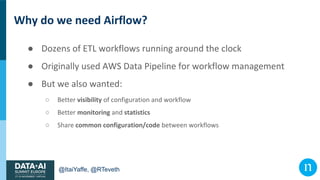 @ItaiYaffe, @RTeveth
Why do we need Airflow?
● Dozens of ETL workflows running around the clock
● Originally used AWS Data...
