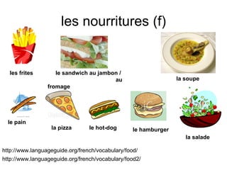 les nourritures (f) le sandwich au jambon /  au fromage la soupe la salade les frites le pain http://www.languageguide.org/french/vocabulary/food/ http://www.languageguide.org/french/vocabulary/food2/ la pizza le hot-dog le hamburger 