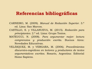 CARNEIRO, M. (2009). Manual de Redacción Superior. 3.ª
ed. Lima: San Marcos.
CASTILLO, S. y VILLANUEVA, M. (2015). Redacción para
principiantes. 2.ª ed. Lima: Grupo Textos.
MATEUCCI, N. (2008). Para argumentar mejor: lectura
comprensiva y producción escrita. Buenos Aires:
Novedades Educativas.
VELÁSQUEZ, M. y VERGARA, M. (2006). Procedimientos
discursivo-cognitivos en lectores y productores de textos
argumentativos escritos. Rosario, Argentina: Editorial
Homo Sapiens.
Referencias bibliográficas
 