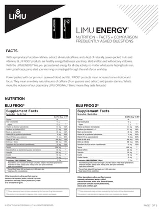 LIMU ENERGY
®
NUTRITION + FACTS + COMPARISON
FREQUENTLY ASKED QUESTIONS
PAGE 1 OF 3© 2014 THE LIMU COMPANY, LLC. ALL RIGHTS RESERVED.
With a proprietary Fucoidan-rich limu extract, all-natural caffeine, and a host of naturally power-packed fruits and
vitamins, BLU FROG®
products are healthy energy that keeps you sharp, alert and focused without any letdowns.
With the LIMU ENERGY line, you get sustained energy for all-day activity, no matter what you’re hoping to do: run,
swim, play hoops, jump start your morning or simply get through the end of your workday.
Power packed with our premium seaweed blend, our BLU FROG®
products mean increased concentration and
focus. They mean an entirely natural source of caffeine (from guarana seed extract) and greater stamina. What’s
more, the inclusion of our proprietary LIMU ORIGINAL®
blend means they taste fantastic!
NUTRITION
BLU FROG®
BLU FROG 2®
FACTS
***These statements have not been evaluated by the Food and Drug Administration.
This product is not intended to diagnose, treat, cure or prevent any disease.
***These statements have not been evaluated by the Food and Drug Administration.
This product is not intended to diagnose, treat, cure or prevent any disease.
 