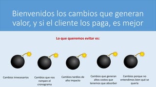 Bienvenidos los cambios que generan
valor, y si el cliente los paga, es mejor
Lo que queremos evitar es:
Cambios innecesarios Cambios que nos
rompen el
cronograma
Cambios tardíos de
alto impacto
Cambios que generan
altos costos que
tenemos que absorber
Cambios porque no
entendimos bien qué se
quería
 