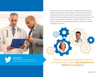 Evariant | 15
Today, there are many “super system” integrated delivery networks
that have emerged from this “land grab” and every health system is
somewhere on an individual journey of building out a care delivery
network, but not just through acquisition and employment alone. The
efforts to secure physician alignment, whether performing in your
facilities, mid-stream in the patient pathway, or all the way upstream
have taken many forms.
What we have learned from almost
every journey is that real alignment is
difficult to achieve.
Tweet this:
REAL #Physicianalignment is difficult to
achieve. Persistence is required for success
 