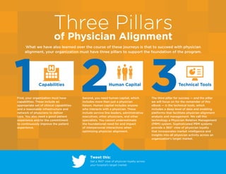 Evariant | 17
Three Pillars
of Physician Alignment
What we have also learned over the course of these journeys is that to succeed with physician
alignment, your organization must have three pillars to support the foundation of the program.
First, your organization must have
capabilities. These include an
appropriate set of clinical capabilities
and a reasonable infrastructure and
network of physicians to deliver
care. You also need a good patient
experience and/or the commitment
to continuously improve the patient
experience.
Second, you need human capital, which
includes more than just a physician
liaison. Human capital includes anyone
who interacts with a physician. These
include service line leaders, administrative
executives, other physicians, and other
specialists. You cannot underestimate
the foundational need for and impact
of interpersonal interactions when
optimizing physician alignment.
The third pillar for success — and the pillar
we will focus on for the remainder of this
eBook — is the technical tools, which
includes a deep level of data and enabling
platforms that facilitate physician alignment
analysis and management. We call this
technology a Physician Relation Management
(PRM) system. Sophisticated PRM systems
provide a 360° view of physician loyalty
that incorporates market intelligence and
insights into all physician activity across an
organization’s target market.
1 2 3
Tweet this:
Get a 360° view of physician loyalty across
your hospital’s target market
Capabilities Human Capital Technical Tools
 