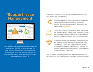 Evariant | 19
In addition to providing the 360° view described above, sophisticated
PRM systems must also be able to:
Incorporate a workflow tool to customize the management
of physician demographic information, track liaison
activities, send emails, develop reports and inquiries, and
manage issues. For example*
Provide an architecture that allows the liaison to process a
high volume of activity in a short time. This results in a high
level of utility, efficiency, and ease of use to capture liaison
activities with each physician or with the p hysician’s staff.
Differentiate between high quality and routine interactions
with any given provider. For example, a liaison may have
15 interactions a month with one physician, but only eight
of those interactions are actual face-to-face meetings. For
purposes of analyzing liaison productivity, you only want to
include high quality interactions.
With the support of modern PRM systems, healthcare institutions can
set different KPIs tied to overall system growth and incremental revenue.
Each healthcare organization can configure
a workflow and notification system so
that individuals who are responsible for
resolving an issue are notified, as well as
anyone interacting with the physician who
needs to know about it.
*Support Issue
Management
 