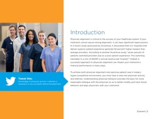 Evariant | 3
Physician alignment is critical to the success of your healthcare system. If your
institution cannot secure strong alignment, it can have significant repercussions.
In a recent study sponsored by Accenture, it discovered that U.S. hospitals that
deliver superior patient experience generate 50 percent1
higher margins than
average providers. According to another Accenture study, “seven percent of
patients switched providers due to a poor patient experience. This switching
translates to a loss of $100M in annual revenue per hospital.2
” Indeed, a
successful approach to physician alignment can impact your institution’s
financial performance in many ways.
To achieve both physician alignment and optimize patient care in today’s
hyper-competitive environment, you must have a view into physician activity
and referrals. Understanding physician behavior provides the basis for more
meaningful dialogue with the physician so as to better modify and track future
behavior and align physicians with your institution.
Introduction
Tweet this:
Knowledge of physician activity + referrals is
necessary to see successful #physicianalignment
 