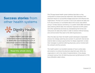 Evariant | 31
One Chicago-based health system believes that data is a key
component to achieve physician alignment. Data empowers their
physician liaisons to successfully engage physicians and influence the
organization. The key to its success is not to just capture the data, but
to fix any erroneous or incomplete data at the source, even before
using it. To help improve consistency in a system where 900 individuals
were entering referral data, the institution improved its EHR system
and other operational processes by standardizing the format and
instructions for data entry fields in order to enhance referral tracking
and communication flow back to the referring physicians.
Once the data was fixed, the health system developed a repeatable
process for strategic planning and outreach. It used both internal and
external data to analyze opportunities for deeper alignment, to tailor
their messages to potential referring physicians, and to monitor both
the outreach and the outcome.
This health system is an excellent example of how to utilize data
and analytics to achieve the physician alignment goal. While this
organization is still in the midst of implementation, it has already
increased revenue from 23 referring physicians by 845 percent in FY15
from $718,000 to $8.5 million.
Dignity Health’s year-over-year
incremental revenue contribution grew
to $56M after incorporating this sort of
data-driven approach into their strategic
outreach planning.
Success stories from
other health systems
Read the whole story
 