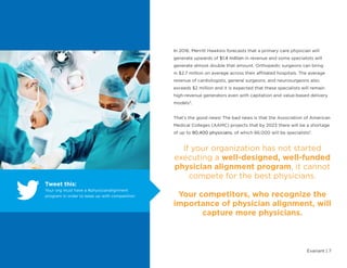 Evariant | 7
Tweet this:
Your org must have a #physicianalignment
program in order to keep up with competition
In 2016, Merritt Hawkins forecasts that a primary care physician will
generate upwards of $1.4 million in revenue and some specialists will
generate almost double that amount. Orthopedic surgeons can bring
in $2.7 million on average across their affiliated hospitals. The average
revenue of cardiologists, general surgeons, and neurosurgeons also
exceeds $2 million and it is expected that these specialists will remain
high-revenue generators even with capitation and value-based delivery
models4
.
That’s the good news! The bad news is that the Association of American
Medical Colleges (AAMC) projects that by 2023 there will be a shortage
of up to 90,400 physicians, of which 66,000 will be specialists5
.
If your organization has not started
executing a well-designed, well-funded
physician alignment program, it cannot
compete for the best physicians.
Your competitors, who recognize the
importance of physician alignment, will
capture more physicians.
 